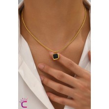 Cinderella Siyah Oniks Efektli Kare Taşlı Choker Kadın Çelik Kolye 18K Paslanmaz Kararmaz Burgu Zincirli