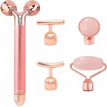Beauty Vogue 3D Yüz Masaj Silindiri, 5 Başlıklı, Rose Quartz Titreşimli Cilt Bakım Cihazı, Profesyonel