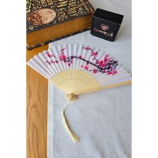 Cinderella Kiraz Çiçeği Desenli Japon Bambu Ahşap El Yelpazesi 21CM - Krem Püsküllü Serinletici Kumaş Yelpaze