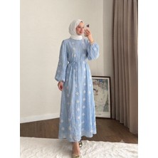 RFK Butik Kadın Bel Bağlamalı Nakış Detaylı Tensel Elbise - Mavi