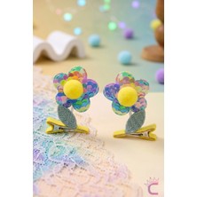 Cinderella 2'li 3D Boyutlu Handmade Gökkuşağı Renkli Ponponlu Pullu Çiçekli Sallanan Pens Toka Seti Saç Tokası