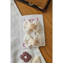Cinderella Özel Tasarım Gül Motifli Nakışlı Çocuk Krem Fiyonk Toka 6cm - Astarlı Klipsli Yan Pens Saç Tokası