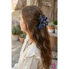 Cinderella Kot Mavisi Ekose Desen Kadifemsi Kadın Fiyonk Mandal Toka 13CM - Modern Büyük Mandallı Saç Tokası