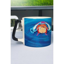 Zipzap Ponyo Anime Baskılı Seramik Lüks Kupa (1 Adet) Özel Siyah Kulp Dalga Kulp V1D