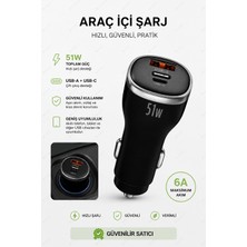 Nivego 51W Pd 6A Araç Içi Hızlı Şarj Cihazı Usb-C + Usb-A Çift Çıkışlı Type-C ve iPhone Uyumlu Oto Çakmaklık Şarj Adaptörü
