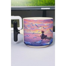 Zipzap Kiki's Delivery Service Anime Baskılı Seramik Lüks Kupa (1 Adet) T Şeklinde Özel Siyah Kulp Dalga Kulp V5T