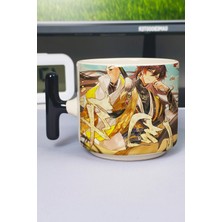 Zipzap Zhongli Genshin Impact Baskılı Seramik Lüks Kupa (1 Adet) T Şeklinde Özel Siyah Kulp Dalga Kulp V3T
