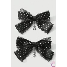 Cinderella 2li Vintage Siyah Dantelli Puantiyeli Müzik Keman Figür Sallantılı Otomatik Klipsli Fiyonk Toka 12CM