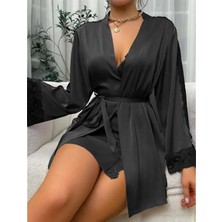 Ang Butik Closet Dantel Işlemeli Ince Askılı Siyah 2'li Saten Gecelik Sabahlık Takımı
