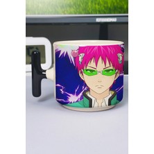 Zipzap Saiki Kusuo Anime Baskılı Seramik Lüks Kupa (1 Adet) T Şeklinde Özel Siyah Kulp Dalga Kulp V5T