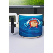 Zipzap Ponyo Anime Baskılı Seramik Lüks Kupa (1 Adet) T Şeklinde Özel Siyah Kulp Dalga Kulp V1T