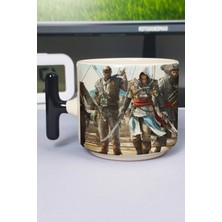 Zipzap Assasin's Creed Baskılı Seramik Lüks Kupa (1 Adet) T Şeklinde Özel Siyah Kulp Dalga Kulp V4T
