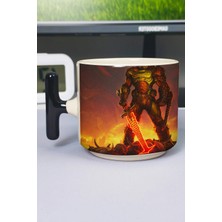 Zipzap Doom Baskılı Seramik Lüks Kupa (1 Adet) T Şeklinde Özel Siyah Kulp Dalga Kulp V1T