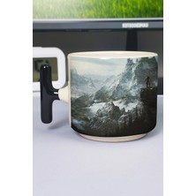 Zipzap Skyrim Baskılı Seramik Lüks Kupa (1 Adet) T Şeklinde Özel Siyah Kulp Dalga Kulp V2T