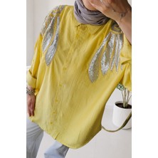 Asela Oversize Pul ve Boncuk Işlemeli Dokulu Tesettür Gömlek Tunik