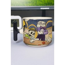 Zipzap Cuphead Baskılı Seramik Lüks Kupa (1 Adet) T Şeklinde Özel Siyah Kulp Dalga Kulp V3T