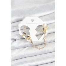 Luord-Store Kelebekli Model Pirinç Gold Renk Zincir Bağlantılı Ear Cuff Küpe Seti