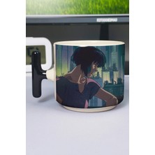 Zipzap Ghost In The Shell Anime Baskılı Seramik Lüks Kupa (1 Adet) T Şeklinde Özel Siyah Kulp Dalga Kulp V4T