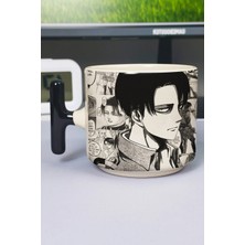 Zipzap Levi Ackerman Anime Baskılı Seramik Lüks Kupa (1 Adet) T Şeklinde Özel Siyah Kulp Dalga Kulp V5T