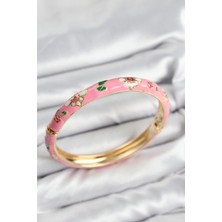 Luord-Store Mineli Pirinç Pembe Çiçek Motifli Gold Kadın Kelepçe