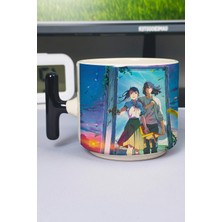 Zipzap Suzume Anime Baskılı Seramik Lüks Kupa (1 Adet) T Şeklinde Özel Siyah Kulp Dalga Kulp V1T
