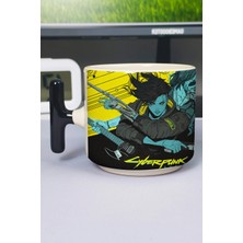 Zipzap Cyberpunk 2077 Baskılı Seramik Lüks Kupa (1 Adet) T Şeklinde Özel Siyah Kulp Dalga Kulp V4T