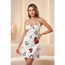 Intive Lingerie Ince Askılı Kalp Desenli Beyaz Saten Gecelik TM1447