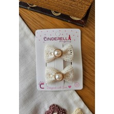 Cinderella Özel Tasarım Bayramlık Ekru Güpür Dantelli Gold Detay Incili Kız Çocuk Bebek Pens Toka Seti 4.5cm