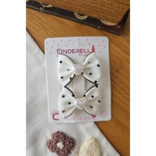 Cinderella Siyah Puantiyeli Beyaz Kalpli Kurdele Fiyonk Toka Seti 5cm - Kumaş Kaplı Pens Yan Saç Tokası