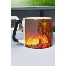 Zipzap Doom Baskılı Seramik Lüks Kupa (1 Adet) Özel Siyah Kulp Dalga Kulp V4D