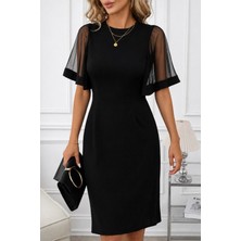 Alyn Wear Kadın Kısa Kollu Bisiklet Yakalı Midi Ithal Krep Elbise