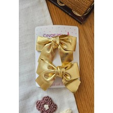 Cinderella 2'li Parlak Metalik Altın Varaklı Kız Çocuk Fiyonk Pens Toka Seti 7cm - Şık Gold Klipsli Saç Tokası