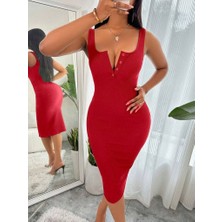 Bet's  Kadın Askılı Yuvarlak V Yakalı Kaşkorse Midi Elbise