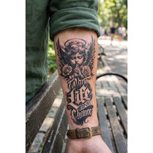 BP Tattoo Melek ve Gül Motifli "one Life One Chance" Yazılı Geçici Dövme