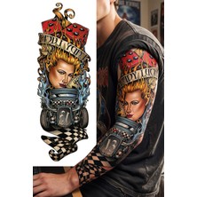 BP Tattoo Old School Tarzı Hot Rod, Zar ve Ateş Temalı Renkli Kol Dövmesi
