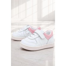 Rakerplus Bob Hakiki Deri Beyaz Nubuk Pembe Cırtlı Bebek Sneaker Ayakkabı