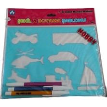 Ark Hobby Şekil ve Boyama Şablonu Seti Taşıtlar Temalı 3 Renkli Kalem Hediyeli 1 Set