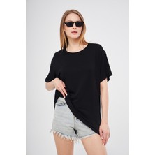 Siyah Baskısız Düz Bisiklet Yaka Kadın Oversize T-Shirt