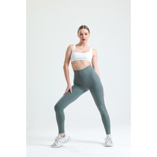 Haki Yüksek Bel Fitilli Toparlayıcı Interlok Örme Spor Dar Paça Kadın Tayt