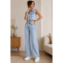 Layal My Beauty Kadın Palazzo Jeans Pantolon Yelek Ikili Alt Üst Takım Yeni Sezon1
