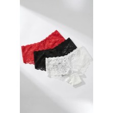 No 35 Concept Kadın Siyah Beyaz Kırmızı 3'lü Paket Dantel Tanga Şort Külot – Modern ve Şık Tasarım