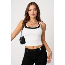No 35 Concept Kadın Siyah Beyaz Çift Renk Çapraz Askılı Crop Top Bluz