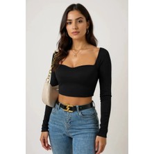 No 35 Concept Kadın Siyah Uzun Kol Göğüs Dekolteli Şık Crop Top Bluz – Şık, Rahat ve Kolay Kombinlenebilir