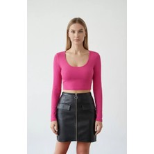 No 35 Concept Kadın Fuşya Uzun Kol Kare Yaka Crop Top Bluz – Şık, Rahat ve Kolay Kombinlenebilir