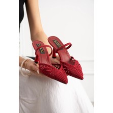 Lebibe Shoes LACELYN Kadın Kırmızı Dantel Nakışlı Sivri Burun 7 cm İnce Topuklu Terlik Ayakkabı