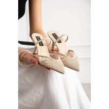 Lebibe Shoes LACELYN Kadın Bej Dantel Nakışlı Sivri Burun 7 cm İnce Topuklu Terlik Ayakkabı