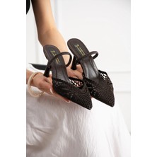 Lebibe Shoes LACELYN Kadın Acı Kahve Dantel Nakışlı Sivri Burun 7 cm İnce Topuklu Terlik Ayakkabı