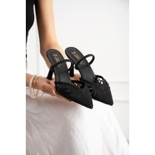 Lebibe Shoes LACELYN Kadın Siyah Dantel Nakışlı Sivri Burun 7 cm İnce Topuklu Terlik Ayakkabı