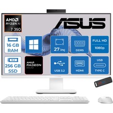 Asus Expertcenter P600 Aio (PM670KA) Amd Ryzen™aı 7 350 Upto 5.0ghz 16GB Ddr5 256GB SSD Amd Radeon™ 860M 27"fhd (1920 x 1080)SRGB: 100% WIN11PRO Allınone Bilgisayar PM670KA350P01+ZETTAUSBBELLEK