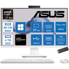 Asus Expertcenter P600 Aio (PM670KA) Amd Ryzen™aı 7 350 Upto 5.0ghz 80GB Ddr5 4tb SSD Amd Radeon™ 860M 27"fhd (1920 x 1080)SRGB: 100% WIN11PRO Allınone Bilgisayar PM670KA350P30+ZETTAUSBBELLEK